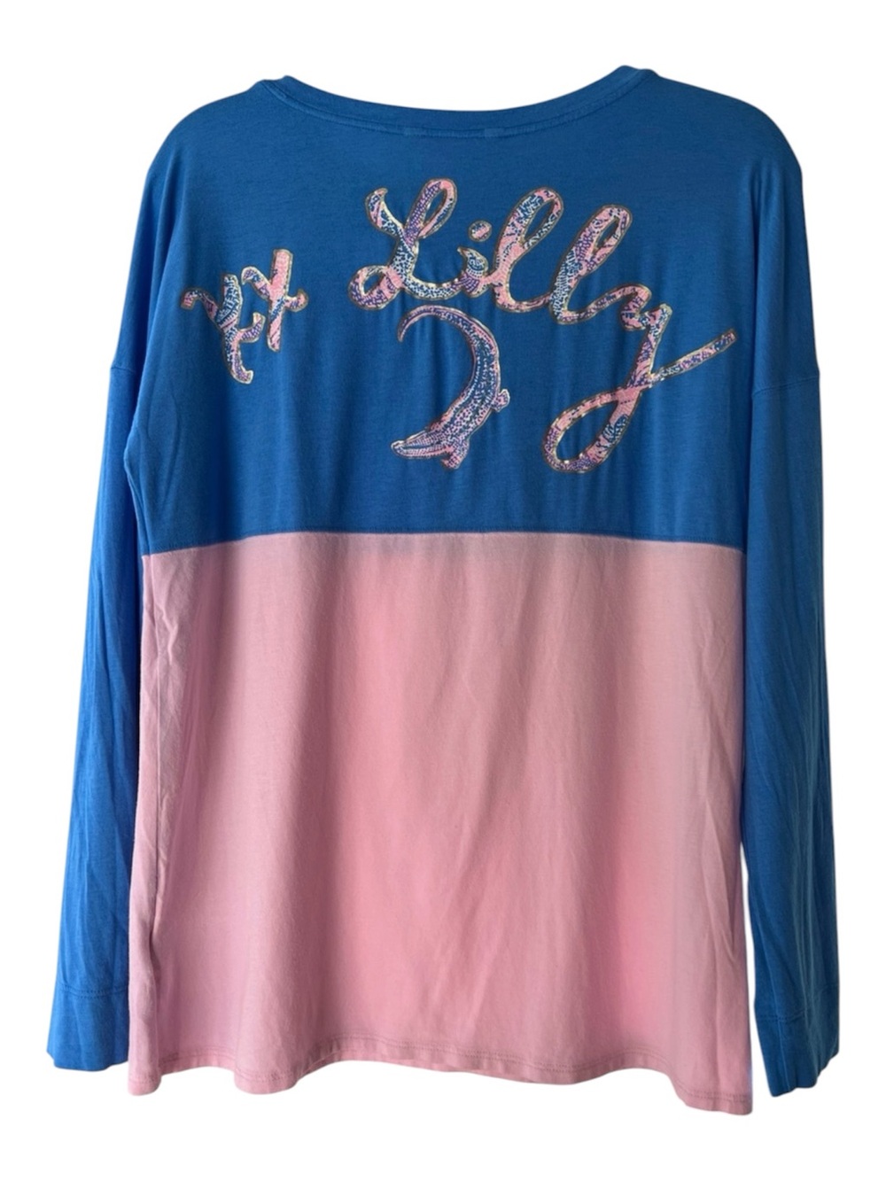 Lilly Pulitzer Finn Top Long Sleeve Coastal Blue Embroidered Gator Graphic Sz M - Picture 4 of 11
